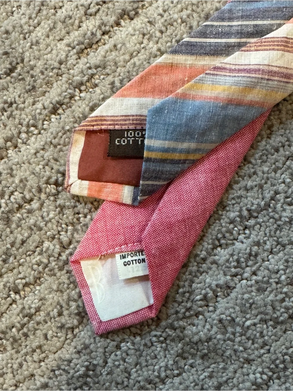 Two Vintage 70s Cotton Wide Neck Ties - Coral Red and Multicolor Striped